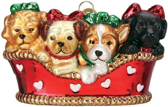 Old World Christmas Puppies in a Basket Tree Ornament - Holiday Keepsake Gift