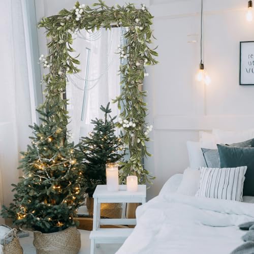 Janinka 4-Pack 24ft LED Christmas Mistletoe Garland with White Berries