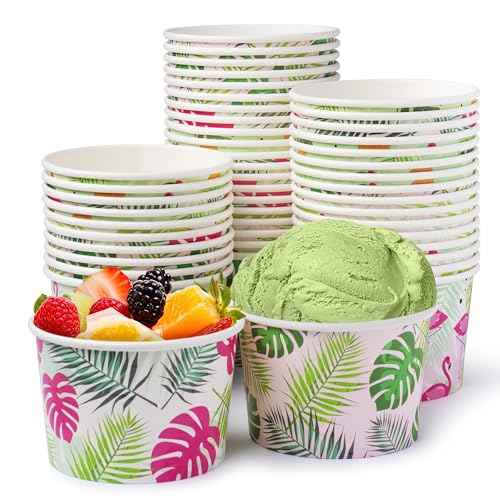ROYAL BLUEBONNET Flamingo Snack Bowls ? 48 8oz Tropical Snack Cups, with 4 Different Pink & Green Flamingo Hawaiian Palm Leaf Paper Ice Cream Bowls for Luau, Hawaiian Party Decorations for Summer