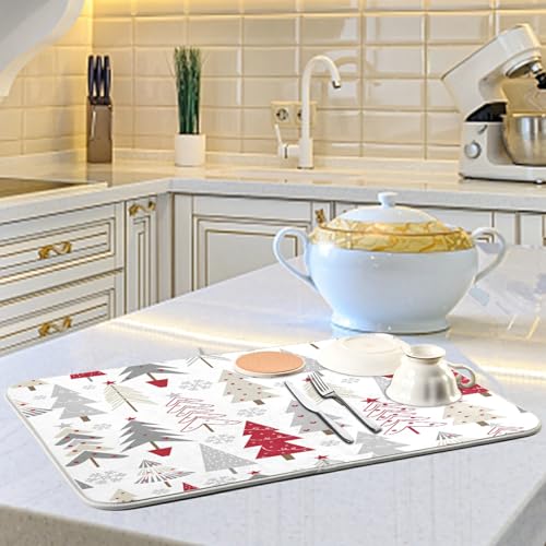 Nander Christmas Tree Dish Drying Mat 16x18 Inches for Kitchen Counter, Holiday Decor