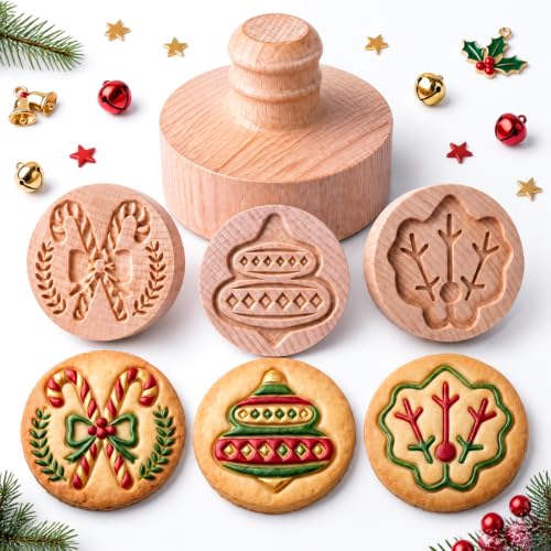 Christmas Cookie Stamp Set - 3 Deep Imprint Wooden Molds for Baking, Holiday Design