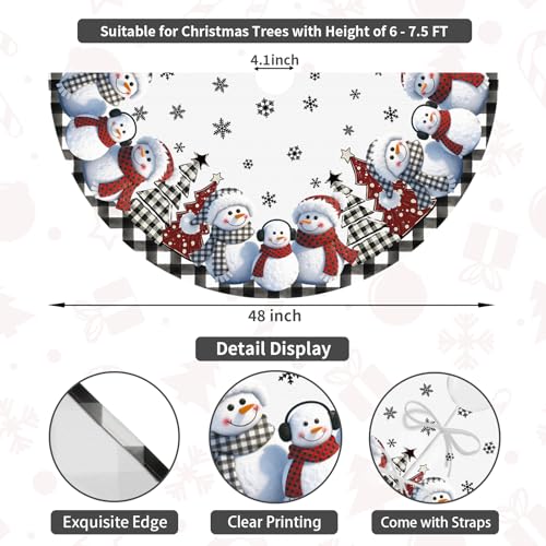 QIALETS 48 Inch Gray Buffalo Plaid Christmas Tree Skirt with Snowmen Decoration