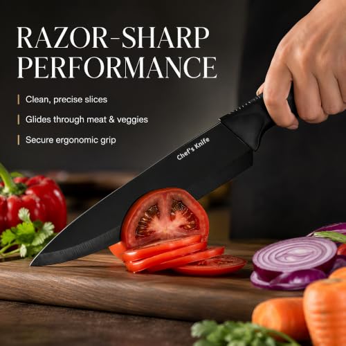 Black 14-Piece Kitchen Knife Block Set with Built-In Sharpener - Includes Steak Knives & Scissors