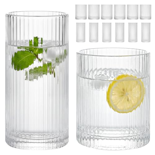 Moretoes Ribbed Glass Cups Set of 12 - 12oz & 13oz Vintage Drinking Glasses