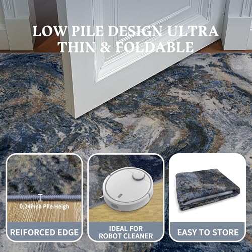 Blue and Gold Abstract Area Rug 8x10 - Washable, Pet-Friendly Living Room Mat