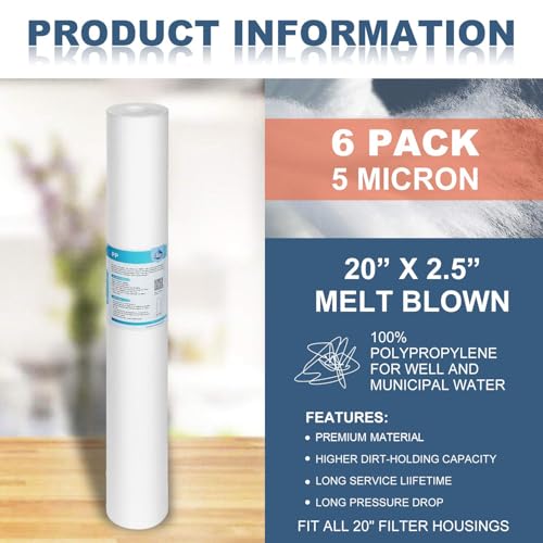 5 Micron 20x2.5 Inch Polypropylene Sediment Water Filter Cartridge - Pack of 6