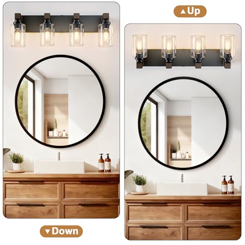 Farmhouse 4-Light Bathroom Vanity Light Fixture, Black & Wood Finish