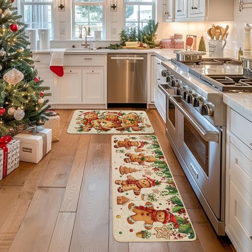 Baccessor Christmas Gingerbread Kitchen Rugs Set of 2 17x29 and 17x47 Non-Slip Mats