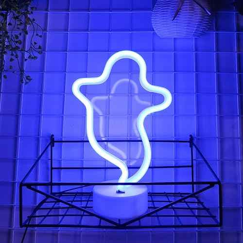JYWJ Neon Signs with Holder Base,USB or 3-AA Battery Powered Neon Light,LED Desktop Wall Decoration,Various Parties,Decoration of Business Premises(Ghost)