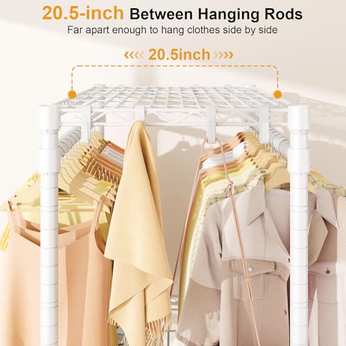 ULIFHOME P5 Rolling Clothes Rack with Adjustable Shelves and Double Rod, White - Heavy Duty Clothing Organizer with Lockable Wheels