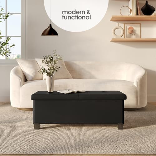 Black Leather Storage Ottoman Bench - 43 Inch Foot Rest & Seat with Bins - Variation 04