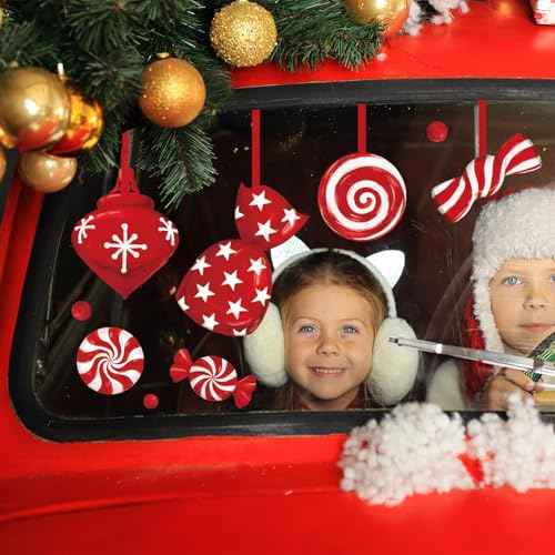 Christmas Window Clings Candy Cane Xmas Ball Window Stickers Red White Reusable PVC Window Decal for Winter Glass Mirror Decor, 8 Sheets