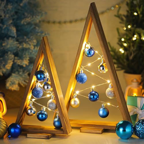 Hungdao 2 Pack Blue Wooden Christmas Tree with LED Lights & Silver Balls - Tabletop Holiday Decor