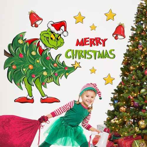 Mfault Merry Christmas Cartoon Character Wall Decals Stickers, Xmas Tree Wreath Max Dog Decorations Bedroom Art, Star Jingle Bell New Year 2026 Home Kitchen Decor Holiday Gifts