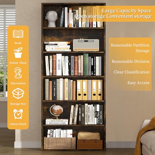 Shintenchi Brown 6-Tier Open Bookcase - 70.9 Inch Modern Storage Shelf for Home & Office