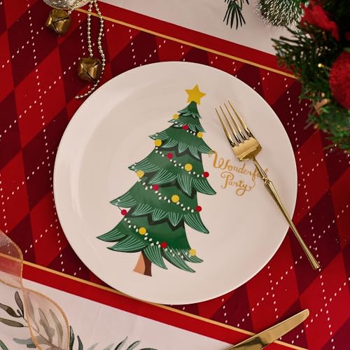 Swuut Christmas Dinner Plate Set of 6 - 10 Inch Bone China Holiday Main Course Plates - Microwave & Dishwasher Safe - Gift for Family & Men Women - Dinner Plate Variation