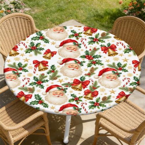 Santa Bells 60 Inch Round Waterproof Fitted Tablecloth with Elastic Edge - Christmas Decor