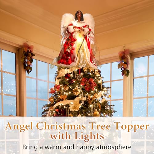 Black Angel Christmas Tree Topper with Timer Lights, 12" with Red & Gold Variant