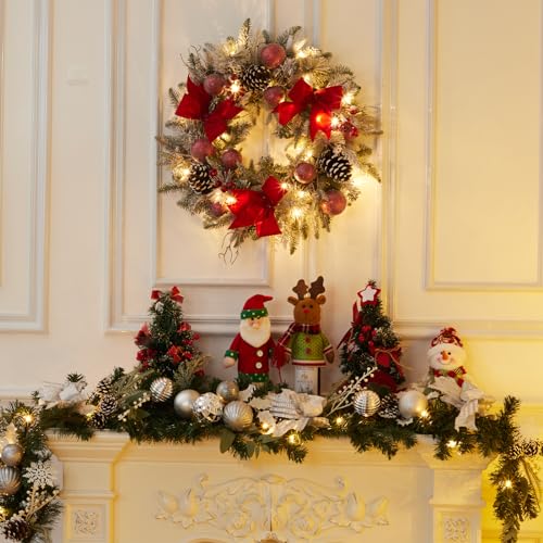 GarveeHome 24in Red & White Pre-Lit Christmas Wreath with Bow, Pinecones, Berries, Balls & 30 LEDs (Battery Operated)