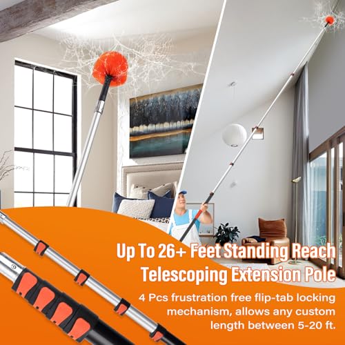 26 FT Cobweb Duster with Extendable Pole - Spider Web & Dust Brush, Reach 20 FT