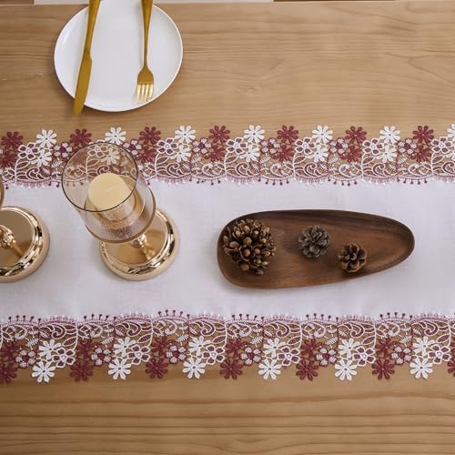 White Dark Red Floral Lace Table Runner Dresser Scarf (16” x72”)