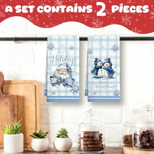 Geuro Winter Friends Snowman Kitchen Towels Set of 2 Blue Checkered 16x24 Inch Holiday Decor