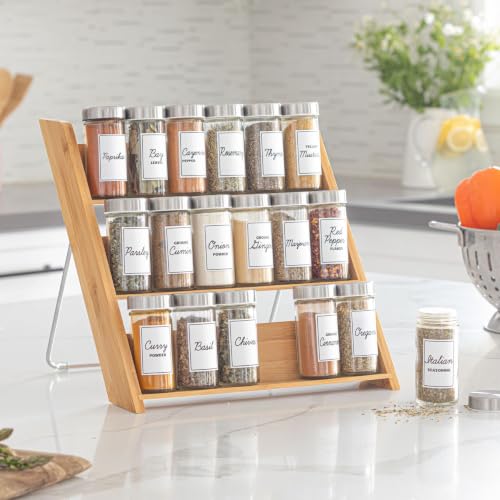 Compact Bamboo Spice Rack with 18 Spices & Free Refill Program - Kitchen Organizer