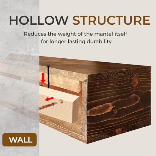 48 Inch Fireplace Mantel Shelf - 5 Inch Thick Pine Wood Floating Wall Shelf - Brown, Hollow, 48x5x8