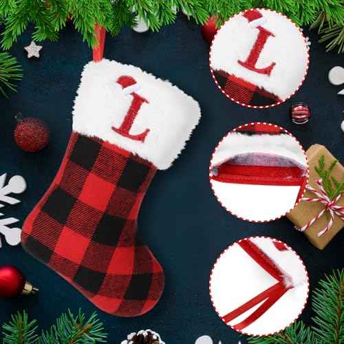 8inches Initial Monogram Christmas Stocking Red Buffalo Plaid Christmas Stocking with Embroidered Letter Personalized Mini Christmas Stocking White Plush Xmas Stocking for Xmas Tree Fireplace Decor(L)