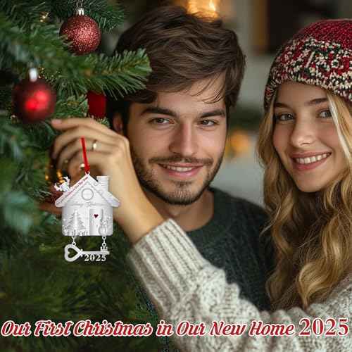 2025 Dated Our New Home Ornament-with Key Keepsake -Women Housewarming Presents for Women, Couple, Owners, Christmas Tree Housewarming Gifts Ideas Ornaments(First Christmas in Our New Home Ornament)