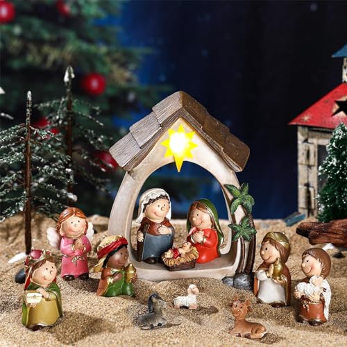 MACLARONX 12-Piece Small Christmas Nativity Scene with LED Lights - Resin Tabletop Decor