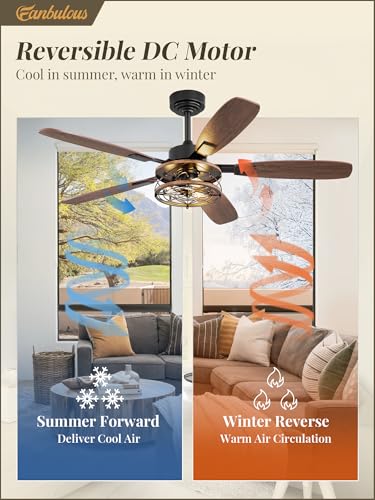 Fanbulous Black 52 Inch Farmhouse Ceiling Fan with Light & Remote – Reversible 6-Speed Industrial Flush Mount with Dual Finish 5 Blades