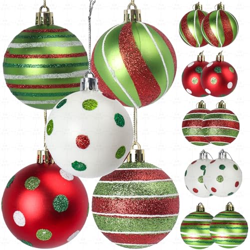 12-Pack 2.4 Inch Red & Green Christmas Ball Ornaments - Glitter Hanging Bulbs