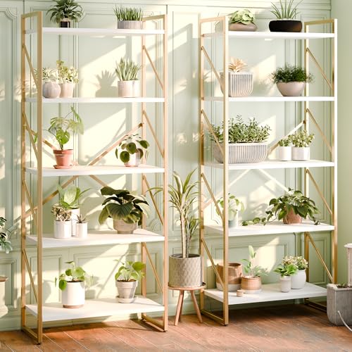 Gold 5-Tier Metal Bookshelf Tall Display Bookcase with Open Shelves