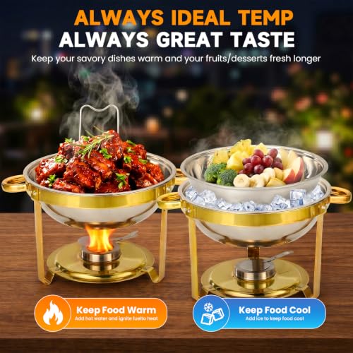 Gold 4 Pack 6QT Stainless Steel Chafing Dish Set with Glass or Steel Lids - Buffet Food Warmer for Parties & Weddings - Golden / 4pack