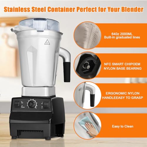 64oz Stainless Steel Blender Pitcher for Vitamix - Compatible with 5200 5000 6300 VM0103 VM0197 E310 A2500 Explorian Series - Variation of THIS listing