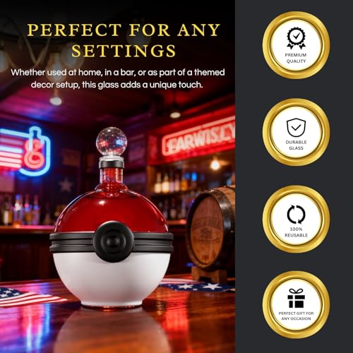 The Wine Savant Capture Sphere Whiskey Decanter - Red & White Glass Liquor Bottle, 18.6oz, Collectible Barware Gift for Gamers & Enthusiasts (Variation: Capture)