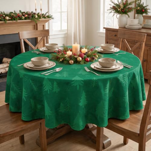 Horaldaily Green Jacquard Round Tablecloth 60x60 Inches for Indoor & Outdoor Use