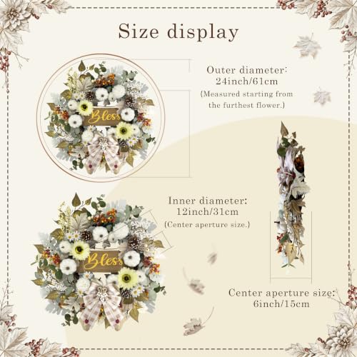24-Inch Fall Wreath for Front Door with Lights and Timer - Farmhouse Decor