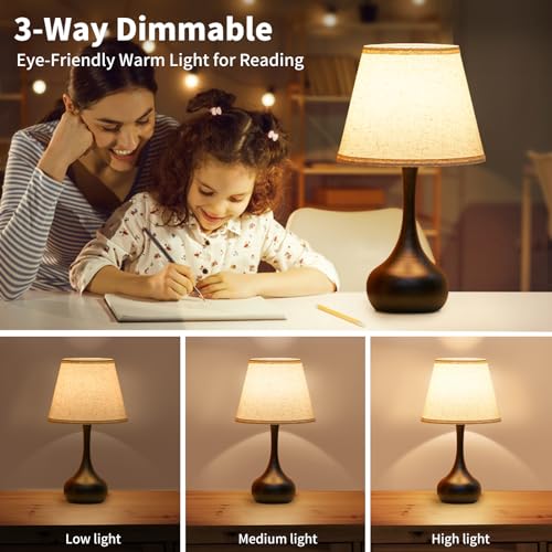 Touch Bedside Lamp Farmhouse 3-Way Dimmable Table Lamp with Linen Shade - Beige & Black, 17.3"