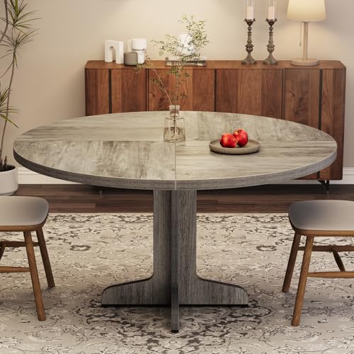 47-Inch Round Farmhouse Dining Table for 4 with Cross-Shaped Metal Base - Grey