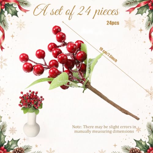 Cindeer Classic 24Pcs Artificial Red Berries Holly Stem Decor for Christmas