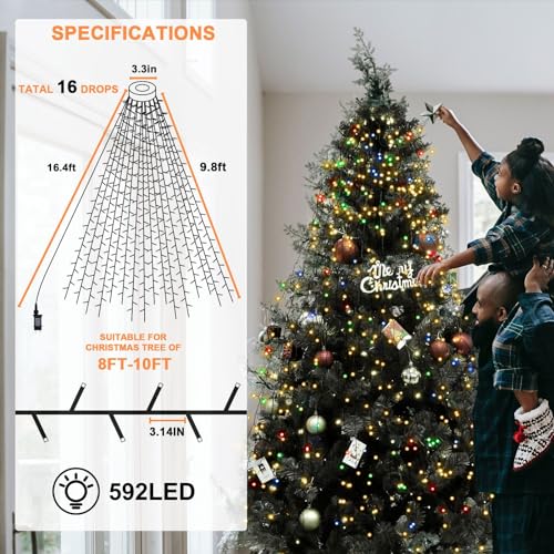 BOLWEO 592 LED Christmas Tree Lights Kit, 16 x 9.8ft Multicolor with 8 Modes, Indoor/Outdoor UL