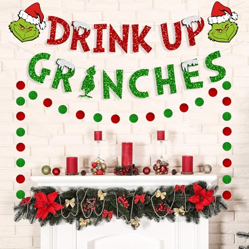 Glittery Christmas Decorations Banners£¬Drink Up Grinches Banner, Winter Holiday Garland Photo Props Banner for Party Home Decorations (Green)