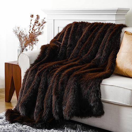 BATTILO HOME Faux Fur Throw Blanket, Luxury Fluffy Brown Blankets,
