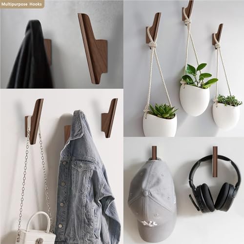 FCOWK Walnut Wooden Wall Hooks 4-Pack - Heavy Duty Coat & Towel Hooks for Bathroom & Home