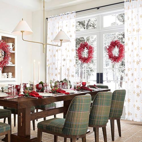 Karseteli 52W x 84L Snowflake Gold Foil Christmas Sheer Curtains, 2 Panels White