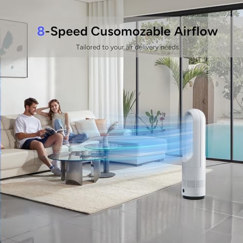 Faryuan 22-Inch White Bladeless Tower Fan with Remote, 8 Speeds, 80° Oscillation, 9H Timer, Quiet Portable Cooling for Indoor Use