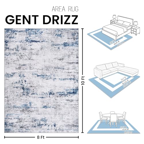 8x10 Large Washable Abstract Area Rug for Living Room - White, Gray, Blue - Non-Slip