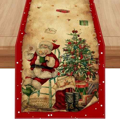 Linen Vintage Red Christmas Table Runner 72 Inches Long Retro Christmas Xmas Winter Holiday Home Kitchen Dining Room Table Decorations